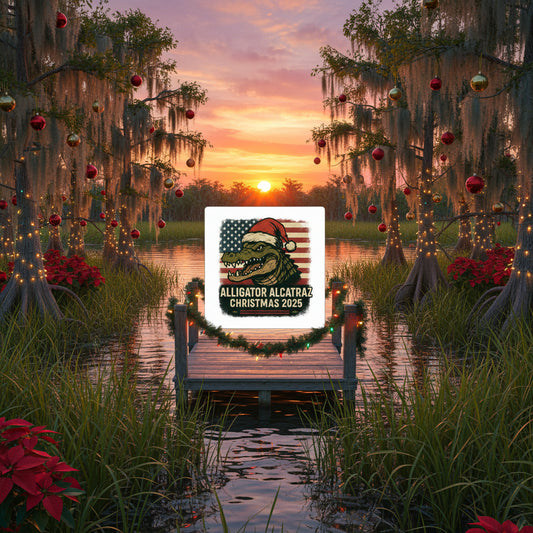 Alligator Alcatraz Christmas Sticker – Santa Hat Gator Kiss-Cut Decal